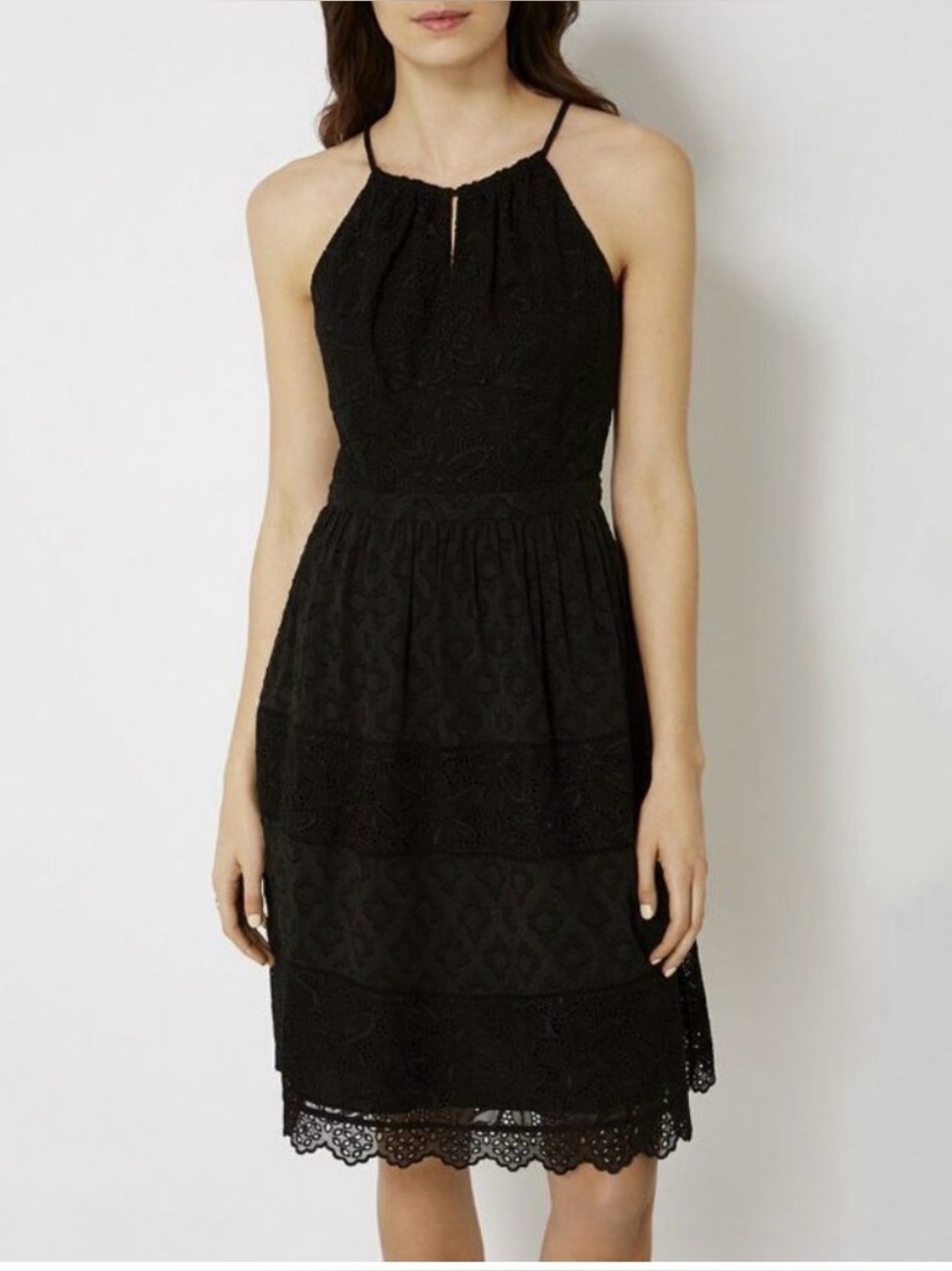 Karen Millen Dress Womens 4 Black Broderie Eyelet Fit & Flare Midi sleeveless
